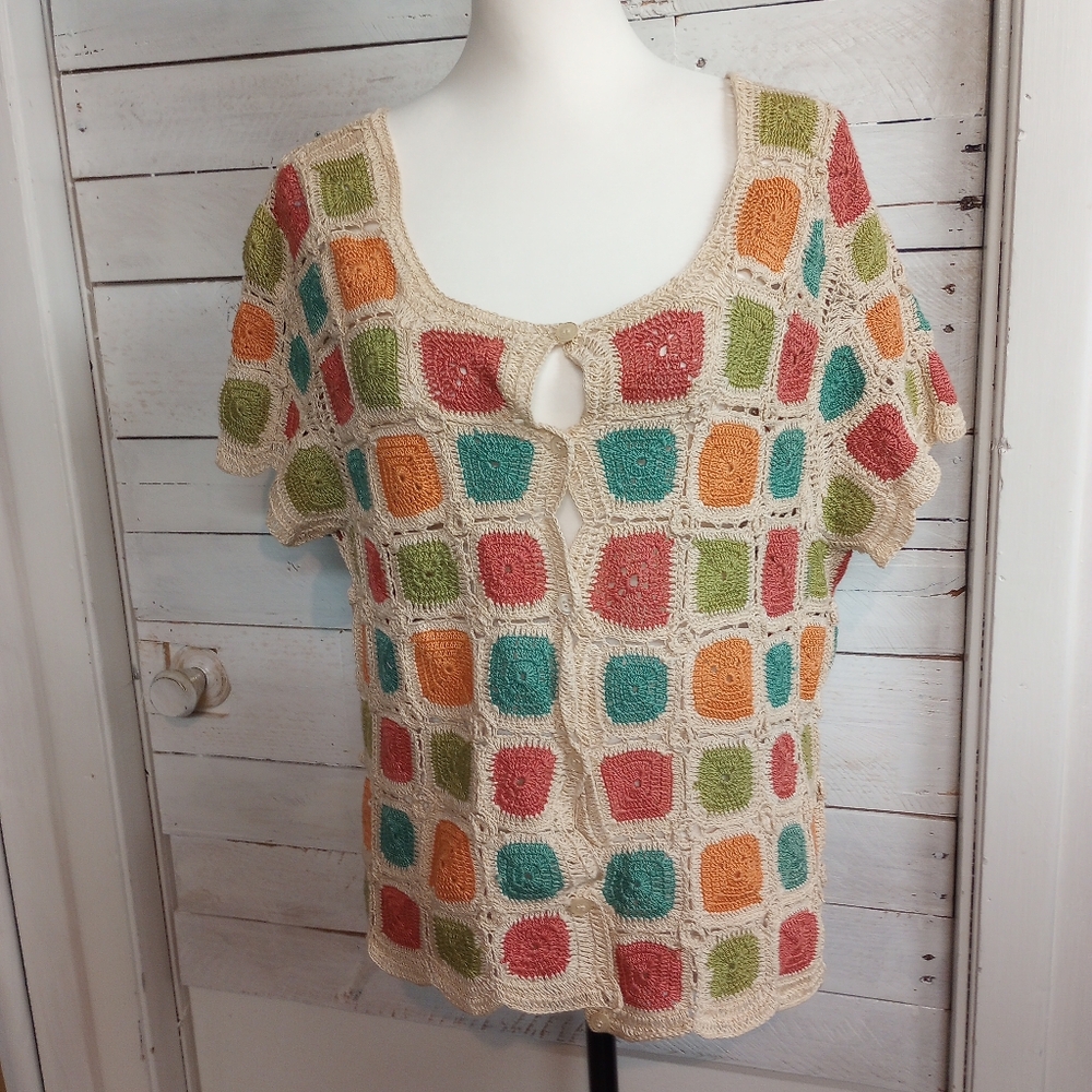 Mix Nouveau Granny Square Boho Crochet Sweater Cardigan Medium Hippie Festival